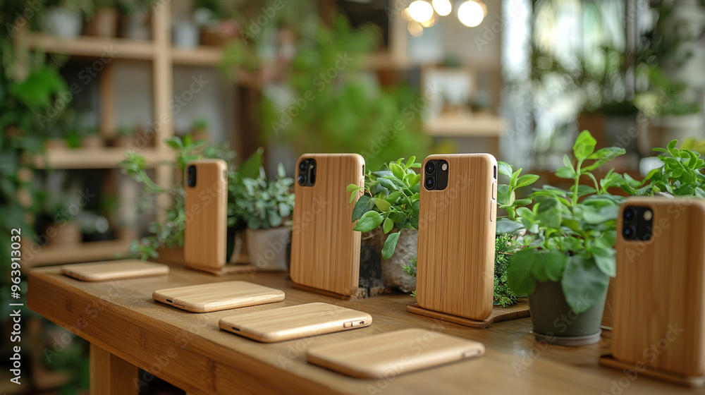 A serene workspace featuring wooden phone stands and lush green plants, perfect for modern and eco-friendly designs. A serene workspace featuring wooden phone stands and lush green plants, perfect for modern and eco-friendly designs.