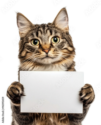 Cat with a blank sign on white背景, cut out - stock png.