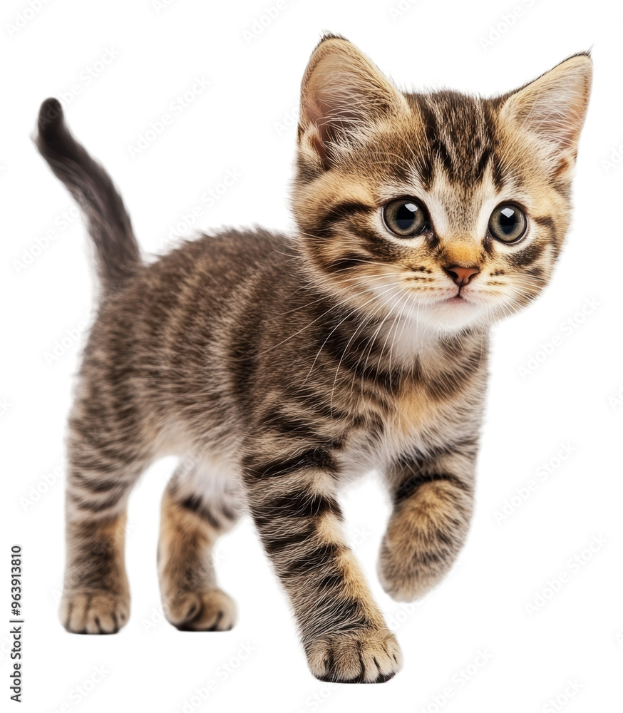 Playful tabby kitten exploring its surroundings, cut out - stock png. Playful tabby kitten exploring its surroundings, cut out - stock png.