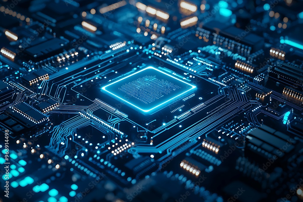 Futuristic Microprocessor Circuit Board with Glowing Elements Futuristic Microprocessor Circuit Board with Glowing Elements