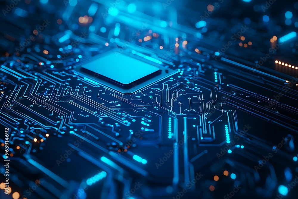 Close-Up of a Glowing Microchip on a Circuit Board Close-Up of a Glowing Microchip on a Circuit Board