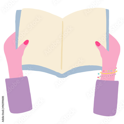 Cute hand drawn illustration of a young woman with nails and bracelets holding a book / ネイルとブレスレットをした若い女性の手で本を持つ、かわいい手描きのイラスト