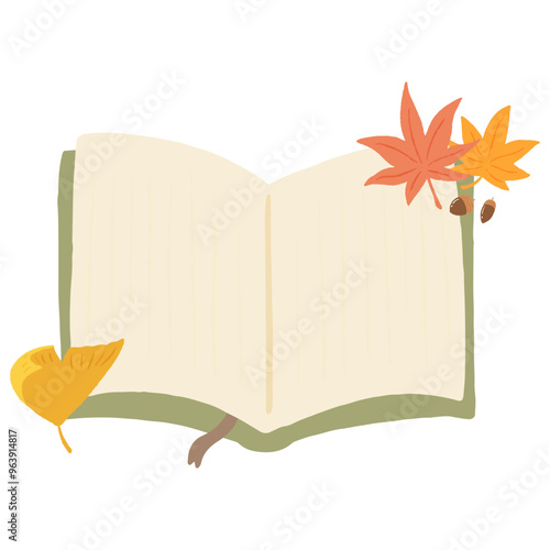 Open book and maple and ginkgo, autumn reading, cute hand drawn illustration / 開いた本とモミジとイチョウ、読書の秋、かわいい手描きのイラスト