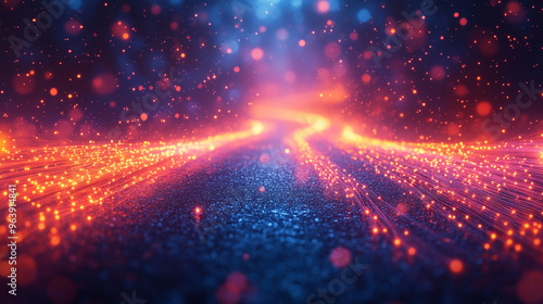 A vibrant pathway of lights and particles creates a mesmerizing digital landscape, inviting exploration and wonder.