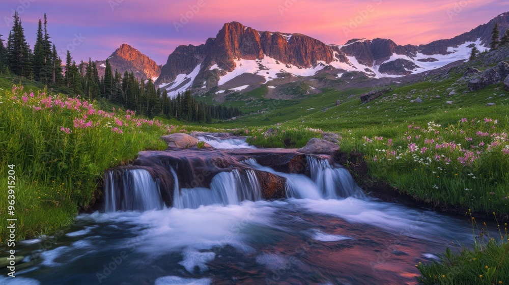 Fototapeta premium Majestic Mountain Waterfall at Sunset in Lush Alpine Meadow