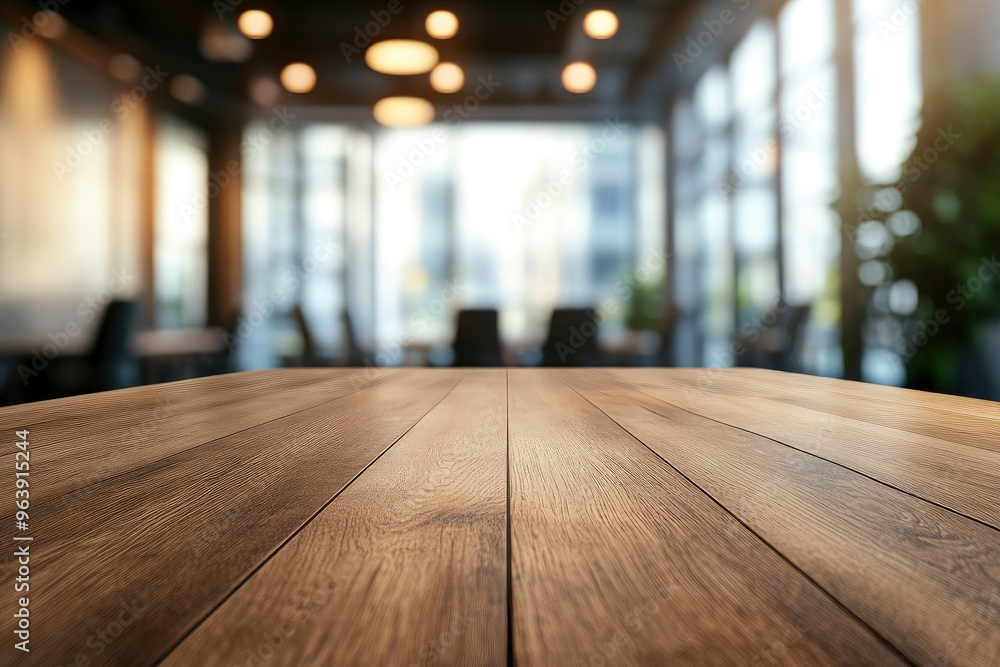 Empty wooden table top in front of a blurred background, showcasing a stylish office meeting area, ideal for business advertising presentations , ai Empty wooden table top in front of a blurred background, showcasing a stylish office meeting area, ideal for business advertising presentations , ai
