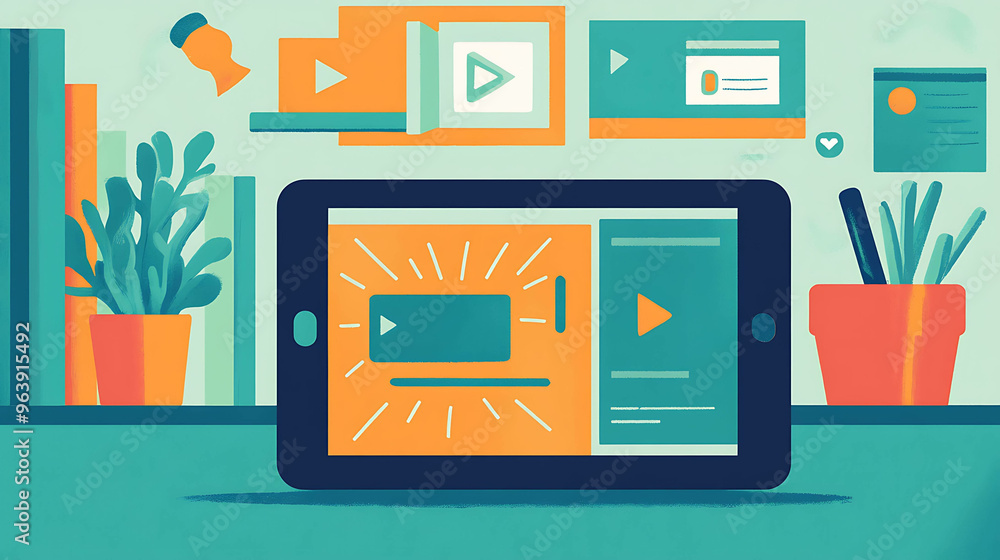 An illustration of a tablet displaying a video interface. An illustration of a tablet displaying a video interface.