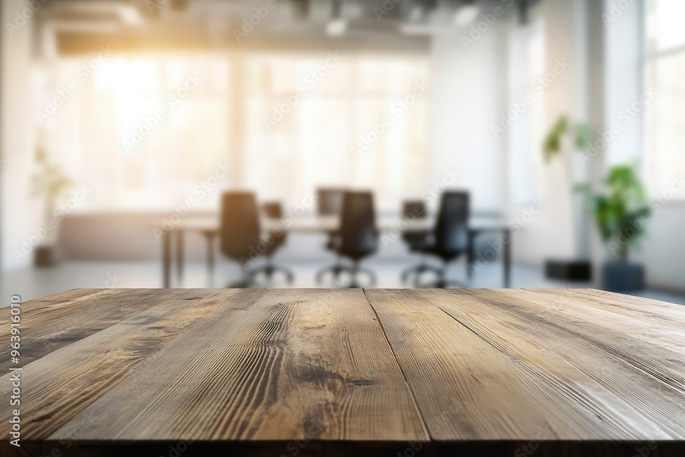 Empty wooden table top in front of a blurred background, showcasing a stylish office meeting area, ideal for business advertising presentations , ai Empty wooden table top in front of a blurred background, showcasing a stylish office meeting area, ideal for business advertising presentations , ai