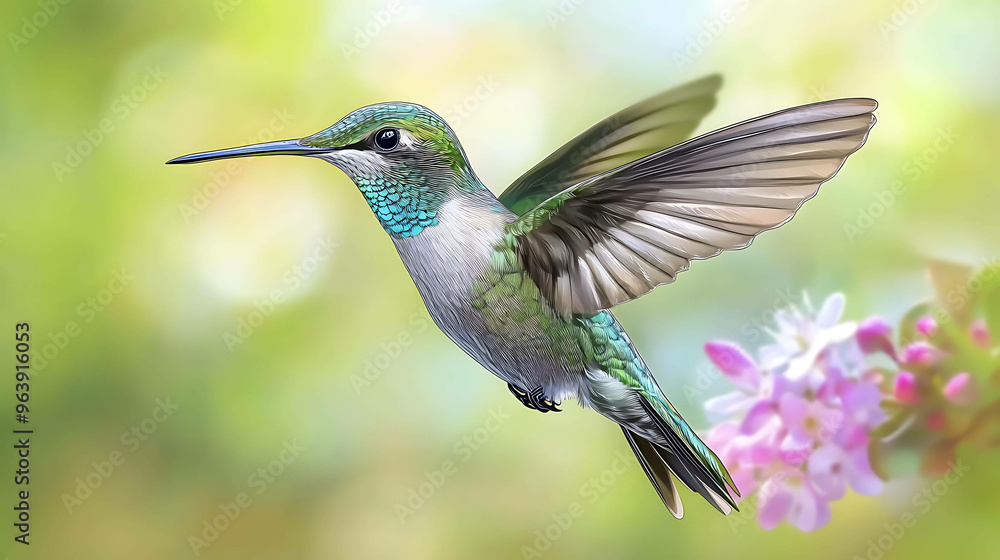 A small hummingbird with iridescent green feathers flies in front of pink flowers. A small hummingbird with iridescent green feathers flies in front of pink flowers.