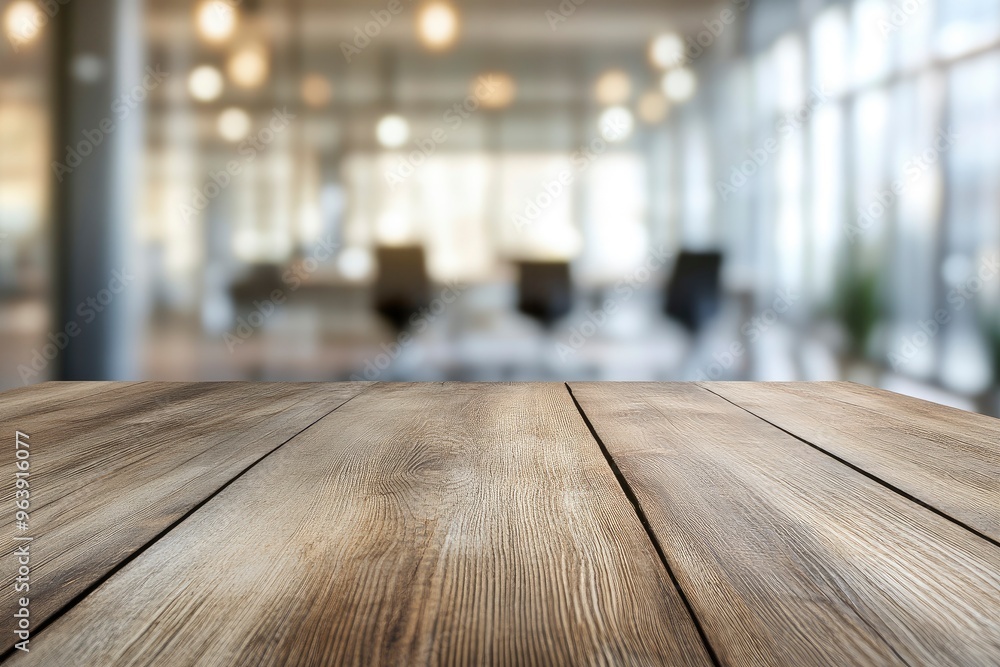 Empty wooden table top in front of a blurred background, showcasing a stylish office meeting area, ideal for business advertising presentations , ai Empty wooden table top in front of a blurred background, showcasing a stylish office meeting area, ideal for business advertising presentations , ai