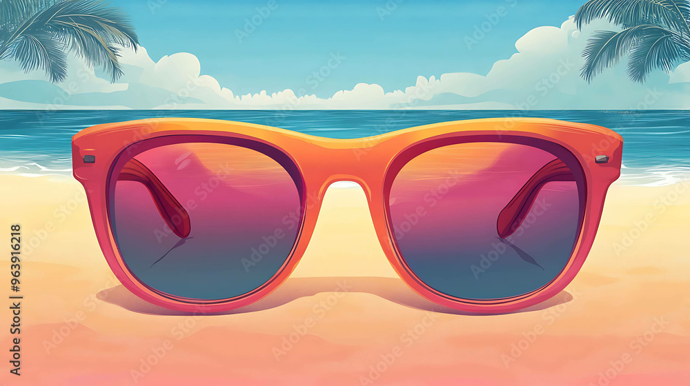 Sunglasses on a beach with ocean and palm trees in the background. Sunglasses on a beach with ocean and palm trees in the background.