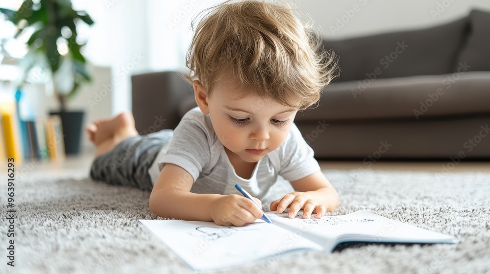 Toddler Boy Drawing in Coloring Book on Carpet Toddler Boy Drawing in Coloring Book on Carpet