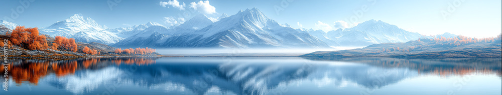 Majestic Snow-Capped Mountains Reflecting in Tranquil Lake - Inspiring Landscape with Copy Space Majestic Snow-Capped Mountains Reflecting in Tranquil Lake - Inspiring Landscape with Copy Space
