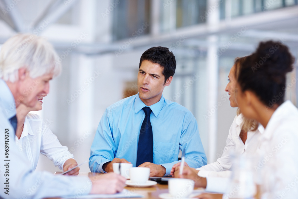 Business people, group and planning in meeting, conversation and teamwork for project. Finance, employees and coworkers with feedback, support or cooperation for proposal, discussion or collaboration