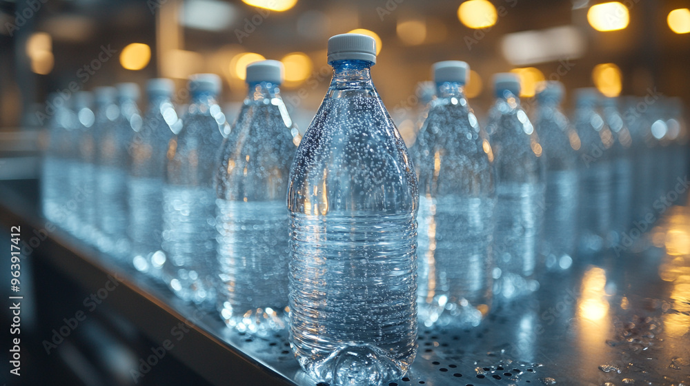 Close-up view of water bottles in a production line, showcasing freshness and hydration in a modern bottling facility. Close-up view of water bottles in a production line, showcasing freshness and hydration in a modern bottling facility.