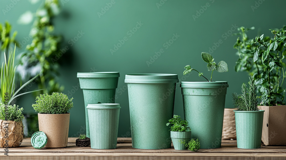 Collection of green plant pots arranged on a wooden surface, featuring vibrant greenery against a calming green backdrop. Collection of green plant pots arranged on a wooden surface, featuring vibrant greenery against a calming green backdrop.