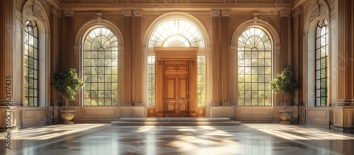 Grand Entrance Hall with Sunlight Streaming Through Arched Windows