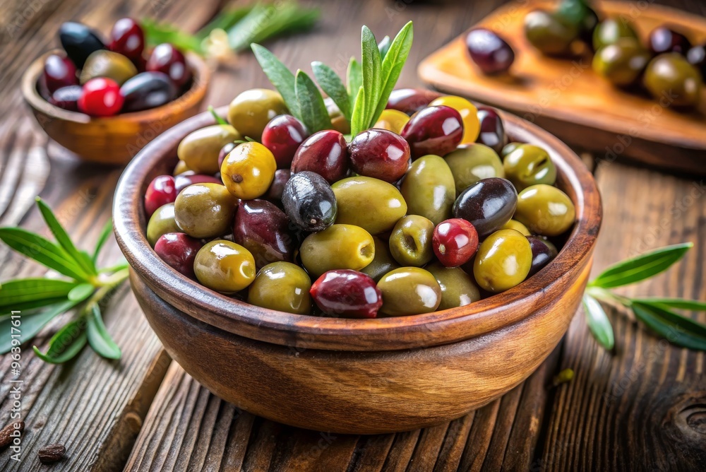 A bowl of olives is on a wooden table A bowl of olives is on a wooden table