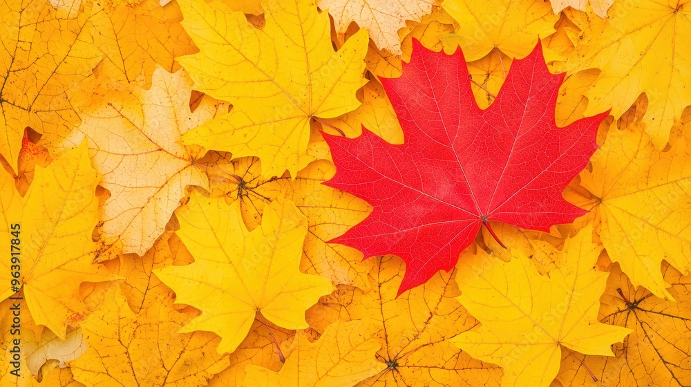 Red Maple Leaf Among Yellow Autumn Leaves Red Maple Leaf Among Yellow Autumn Leaves