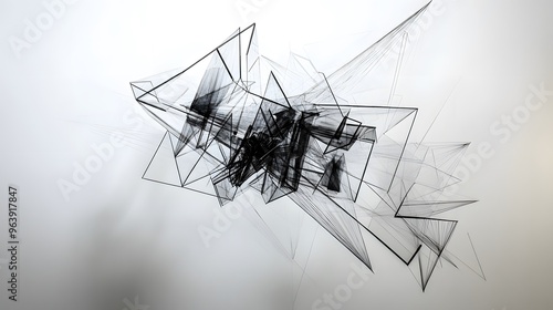 Abstract Wireframe Sculpture: A wireframe sculpture floating in mid-air, with geometric shapes and lines creating a complex abstract design. 