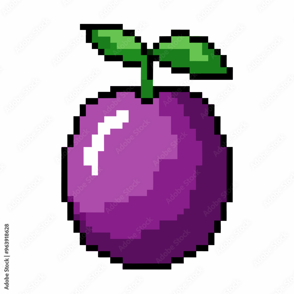 Pixel Art Plum with Leaves on White Background Pixel Art Plum with Leaves on White Background