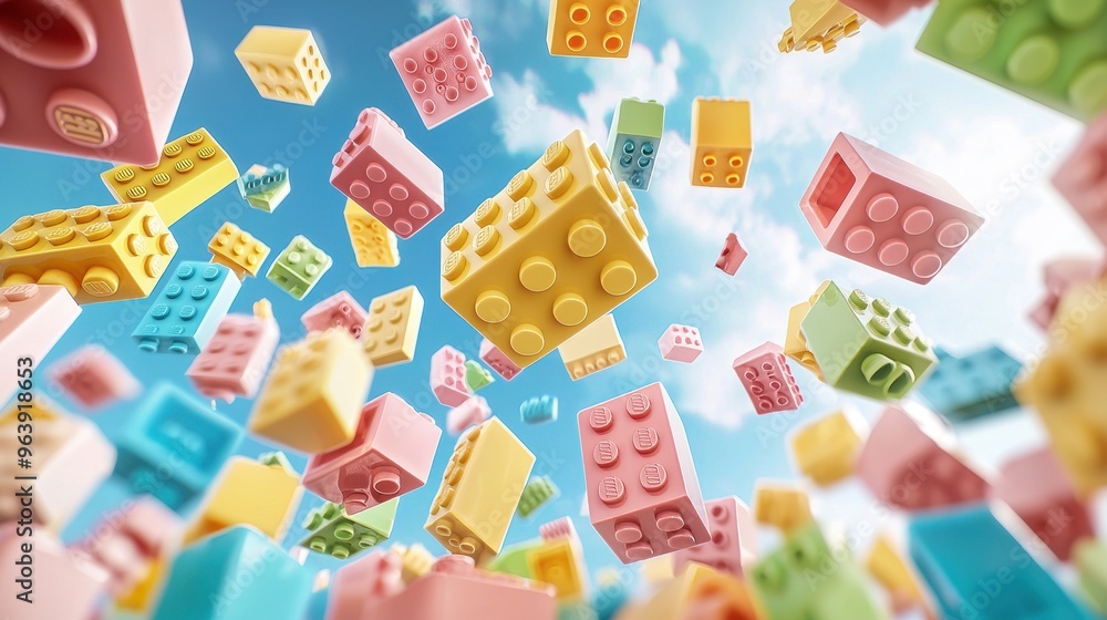 Colorful Plastic Building Blocks Falling Against Blue Sky Colorful Plastic Building Blocks Falling Against Blue Sky