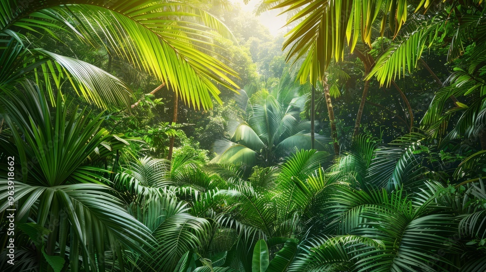 beautiful green jungle of lush palm leaves, palm trees in an exotic tropical forest beautiful green jungle of lush palm leaves, palm trees in an exotic tropical forest
