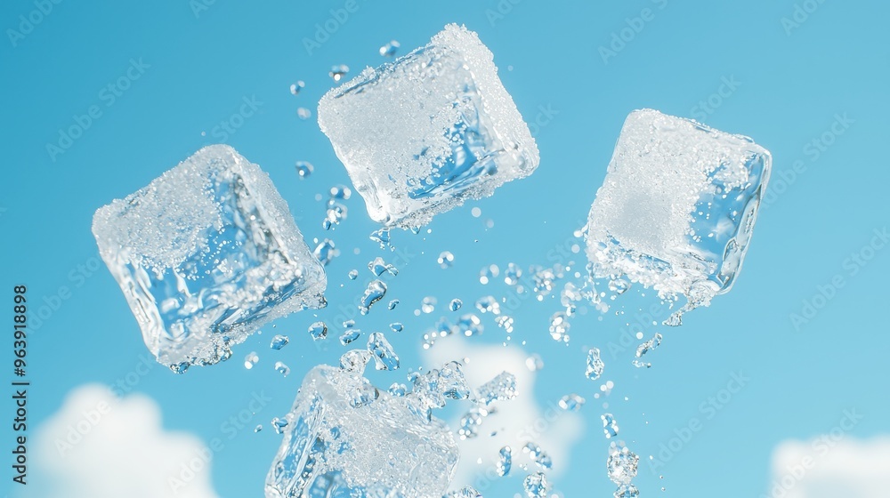 Ice Cubes Splashing in Blue Sky Ice Cubes Splashing in Blue Sky