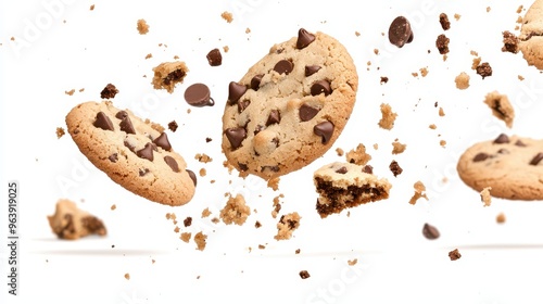 Chocolate Chip Cookies Crumbling and Falling in Mid Air