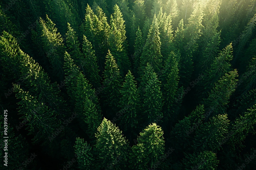 Aerial View of Lush Evergreen Forests Bathed in Warm Light Aerial View of Lush Evergreen Forests Bathed in Warm Light