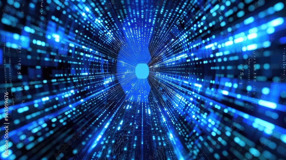 Futuristic Data Tunnel with Flowing Blue Light and Binary Code Futuristic Data Tunnel with Flowing Blue Light and Binary Code