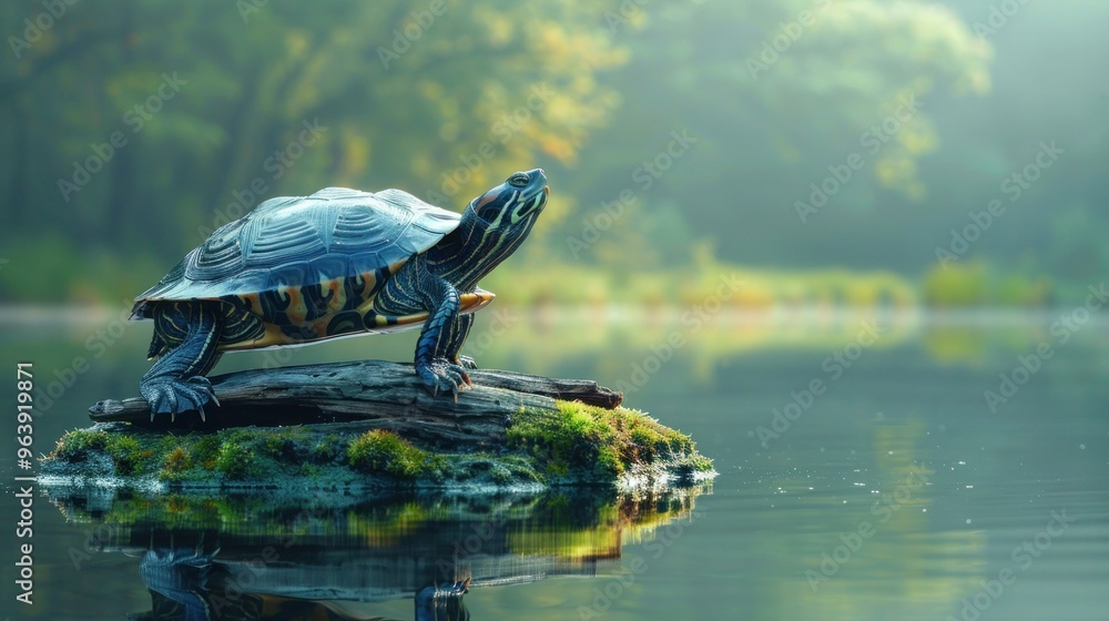 Fototapeta premium Turtle on Log in Lake: Serene Reptile Basking in Nature's Beauty