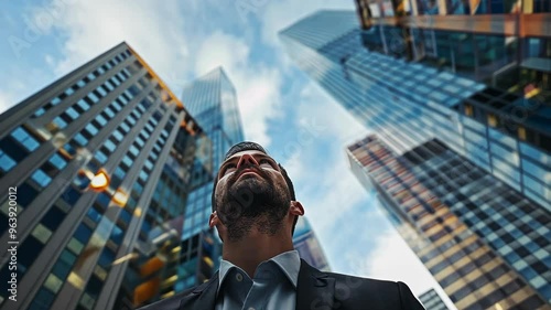 A man in a suit gazes upwards among towering skyscrapers in a bustling city during the afternoon light