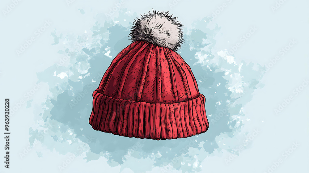 Hand-drawn illustration of a red winter hat with a pom pom. Hand-drawn illustration of a red winter hat with a pom pom.