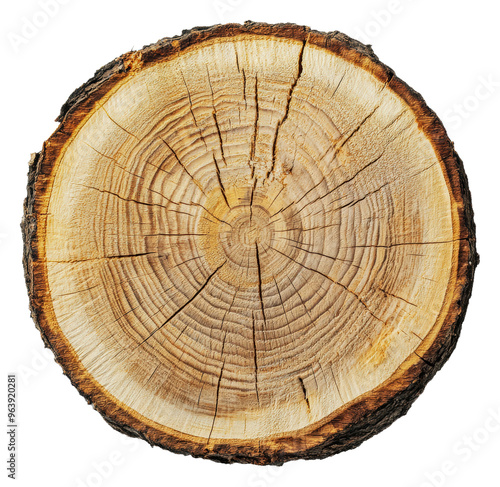 Cross-section of a tree trunk showing growth rings, cut out - stock png.