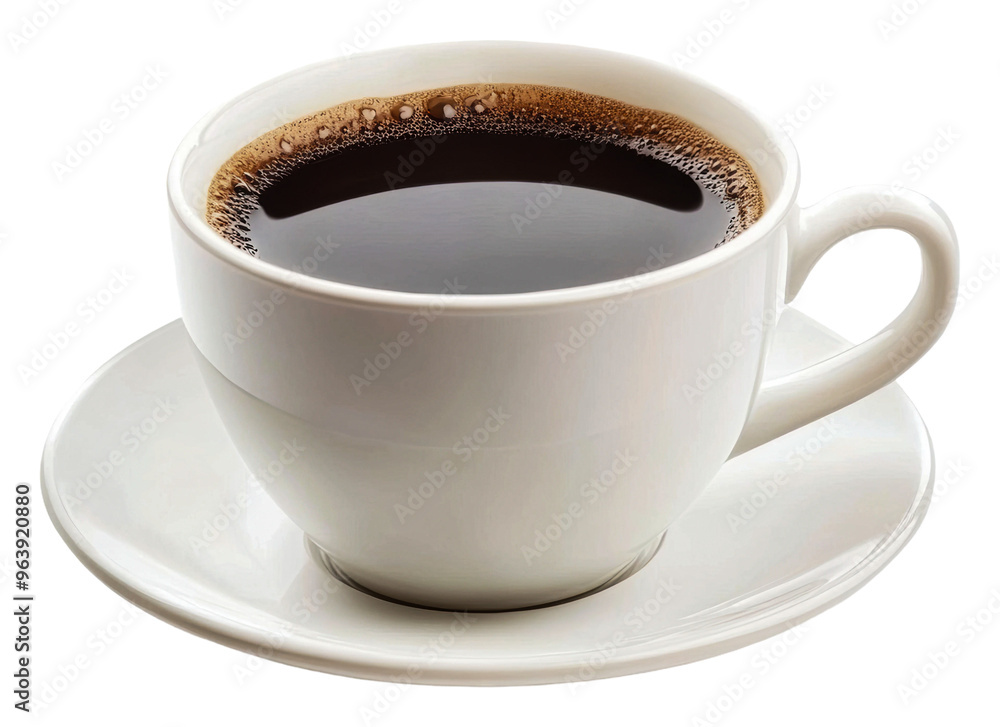 Warm cup of black coffee on a white saucer, cut out - stock png. Warm cup of black coffee on a white saucer, cut out - stock png.