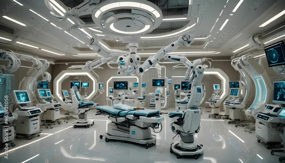 A futuristic medical facility filled with advanced equipment, glowing screens, and robotic arms. A futuristic medical facility filled with advanced equipment, glowing screens, and robotic arms.