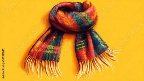 Colorful plaid scarf with fringe on yellow background. photo