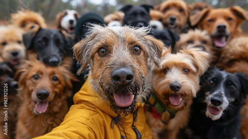 Canine Personalities in Playful Group Selfie: Diverse Dog Breeds with Unique Expressions in Park Setting