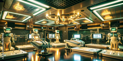 A futuristic medical facility filled with advanced equipment, glowing screens, and robotic arms.