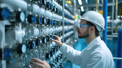 Engineers monitoring a hydrogen-powered desalination system, converting seawater into fresh water photo