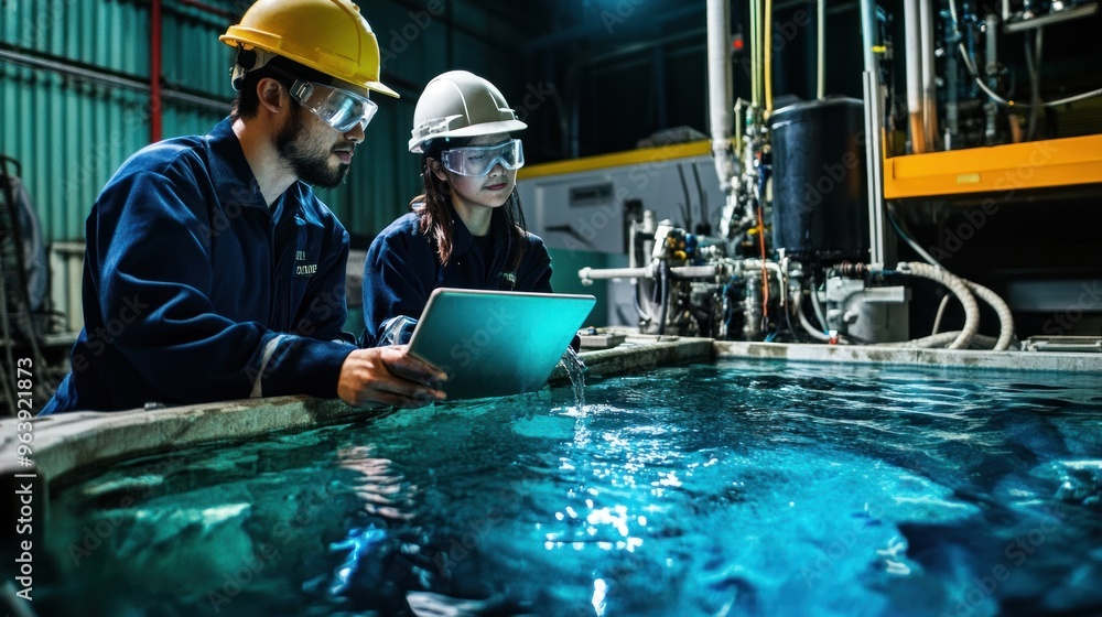 Engineers monitoring a hydrogen-powered desalination system, converting seawater into fresh water Engineers monitoring a hydrogen-powered desalination system, converting seawater into fresh water