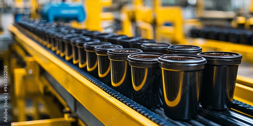 Assembly Line with Black Containers in an Industrial Setting Assembly Line with Black Containers in an Industrial Setting