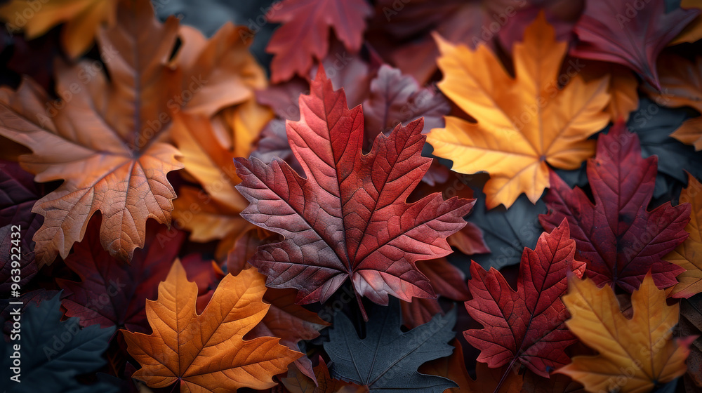 Vibrant autumn maple leaves in red, orange, and brown shades, detailed texture close-up of fallen foliage, creating a colorful seasonal pattern on the forest ground, autumnal atmosphere Vibrant autumn maple leaves in red, orange, and brown shades, detailed texture close-up of fallen foliage, creating a colorful seasonal pattern on the forest ground, autumnal atmosphere