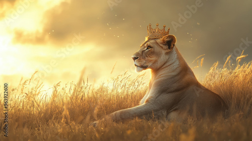 A regal lioness wearing a golden crown, sitting in a field of tall grass under a golden sky.