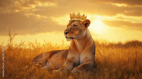 A regal lioness wearing a golden crown, sitting in a field of tall grass under a golden sky.