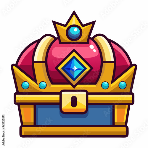 Cartoon Treasure Chest with Jewel Crowned Lid in Vibrant Colors