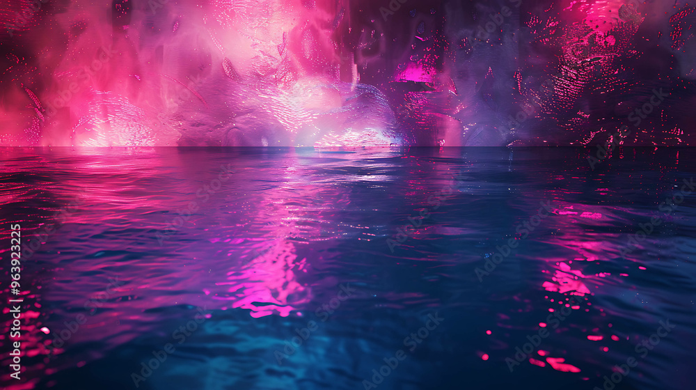 Fototapeta premium Abstract background with a still blue water surface reflecting the pink light emanating from above.