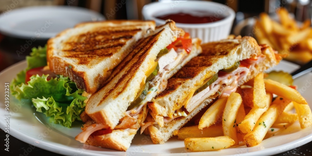 Club Sandwich with Chicken Accompanied by French Fries Club Sandwich with Chicken Accompanied by French Fries