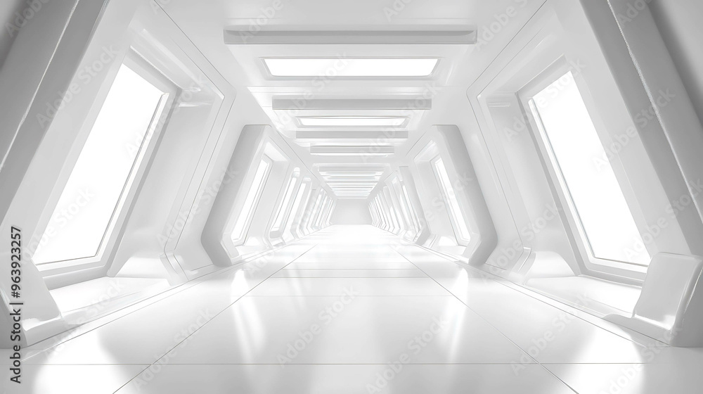 A long, white hallway with bright lights and windows. A long, white hallway with bright lights and windows.